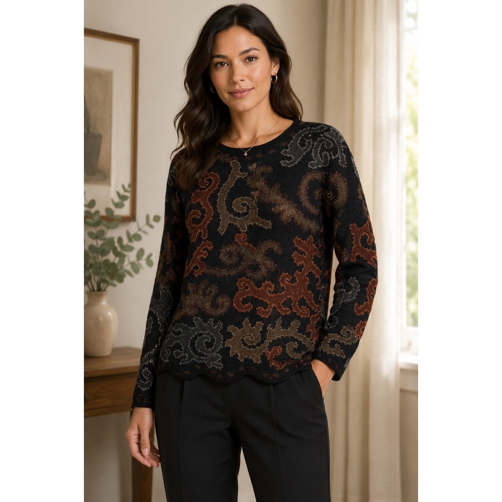Peruvian Connection Alpaca Pima Cotton Swirl Intarsia Lurex Sweater Black Large